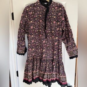 Hunter Bell Floral Patterned Dress with Black Lace Trim